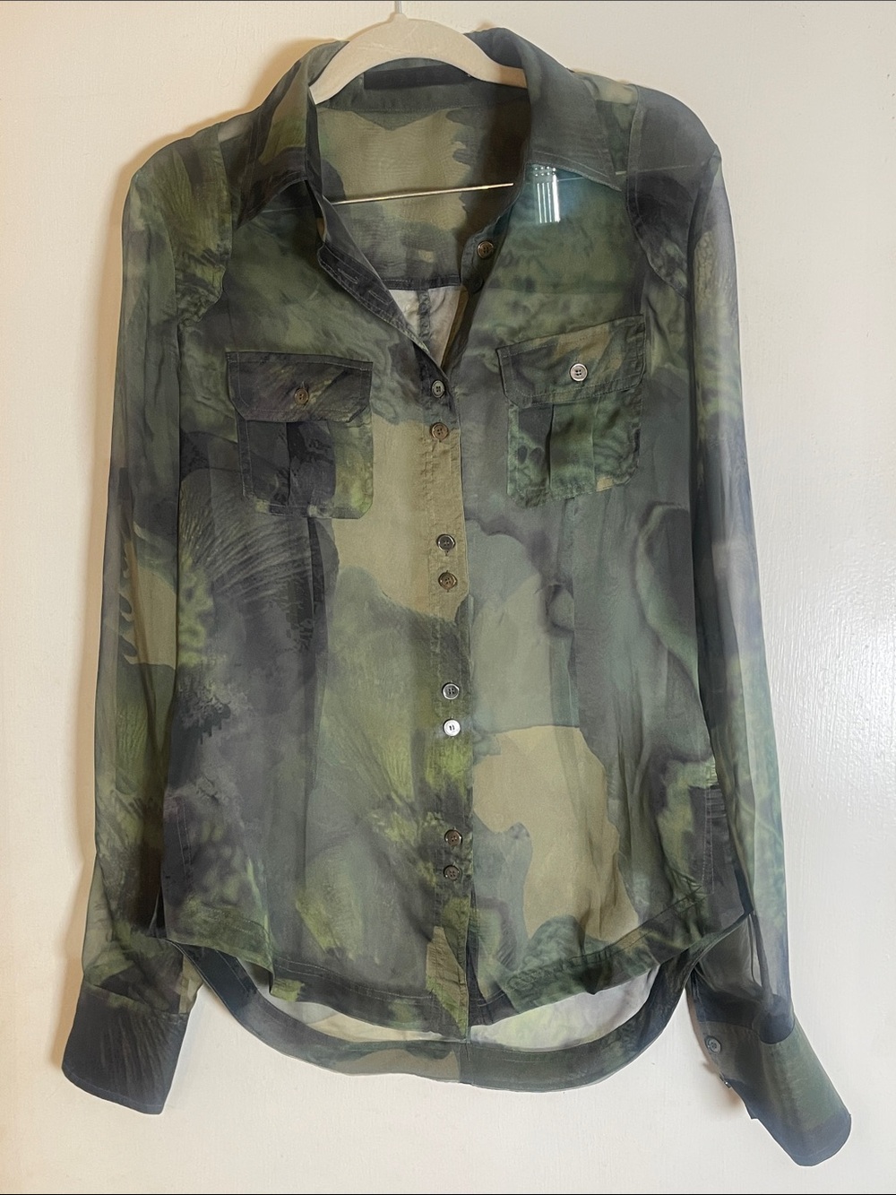 L.A.M.B. Camo sheer long sleeve blouse size 4